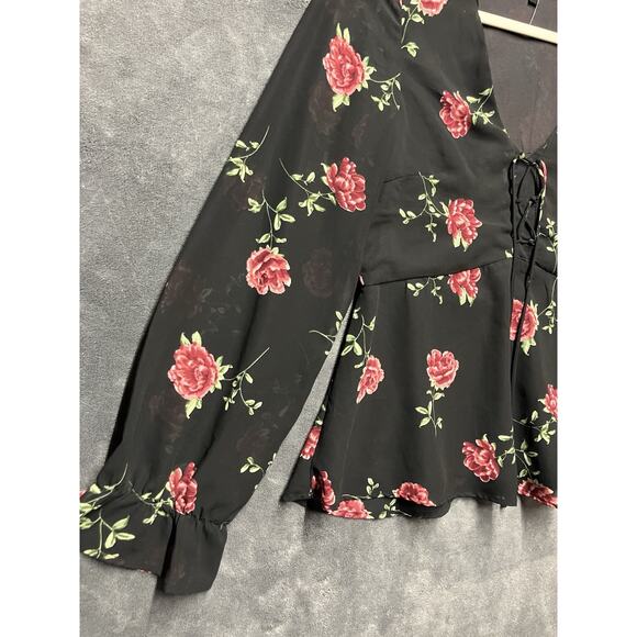Divided H&M Blouse Woman’s Sz 2 Black Floral Whimsy Goth Romantic Peplum Babydol - Picture 8 of 9